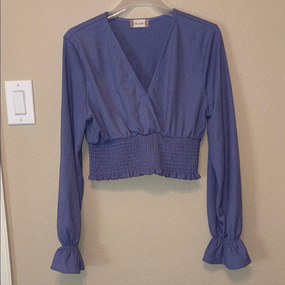 Alter’d State Crop Smocked V-Neck Long Sleeve Top - Dark Lavendar